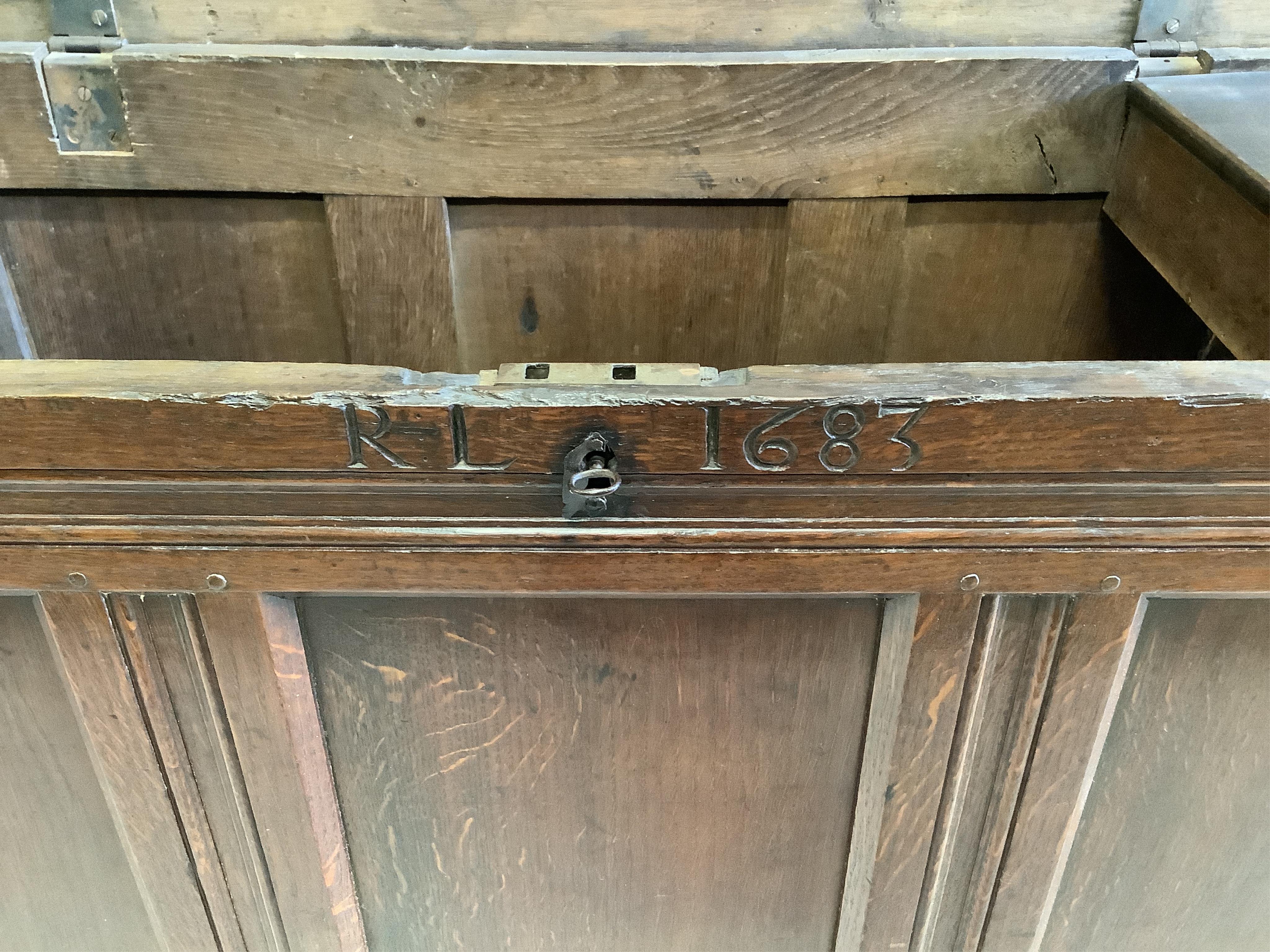 A Charles II oak coffer, dated 1683, width 117cm, depth 54cm, height 65cm. Condition - fair